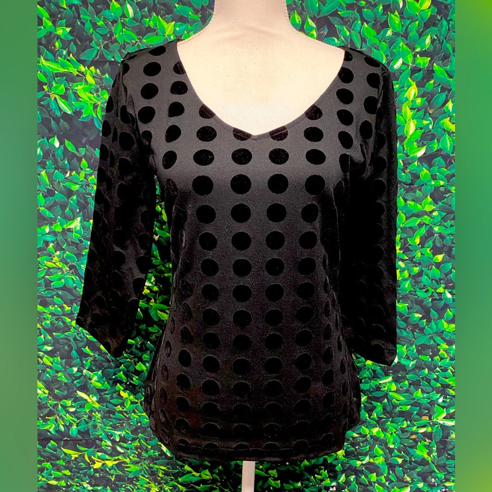 Ann Taylor Factory Black Fitted Velvet Polka Dot 3/4 Sleeve Blouse Size Small